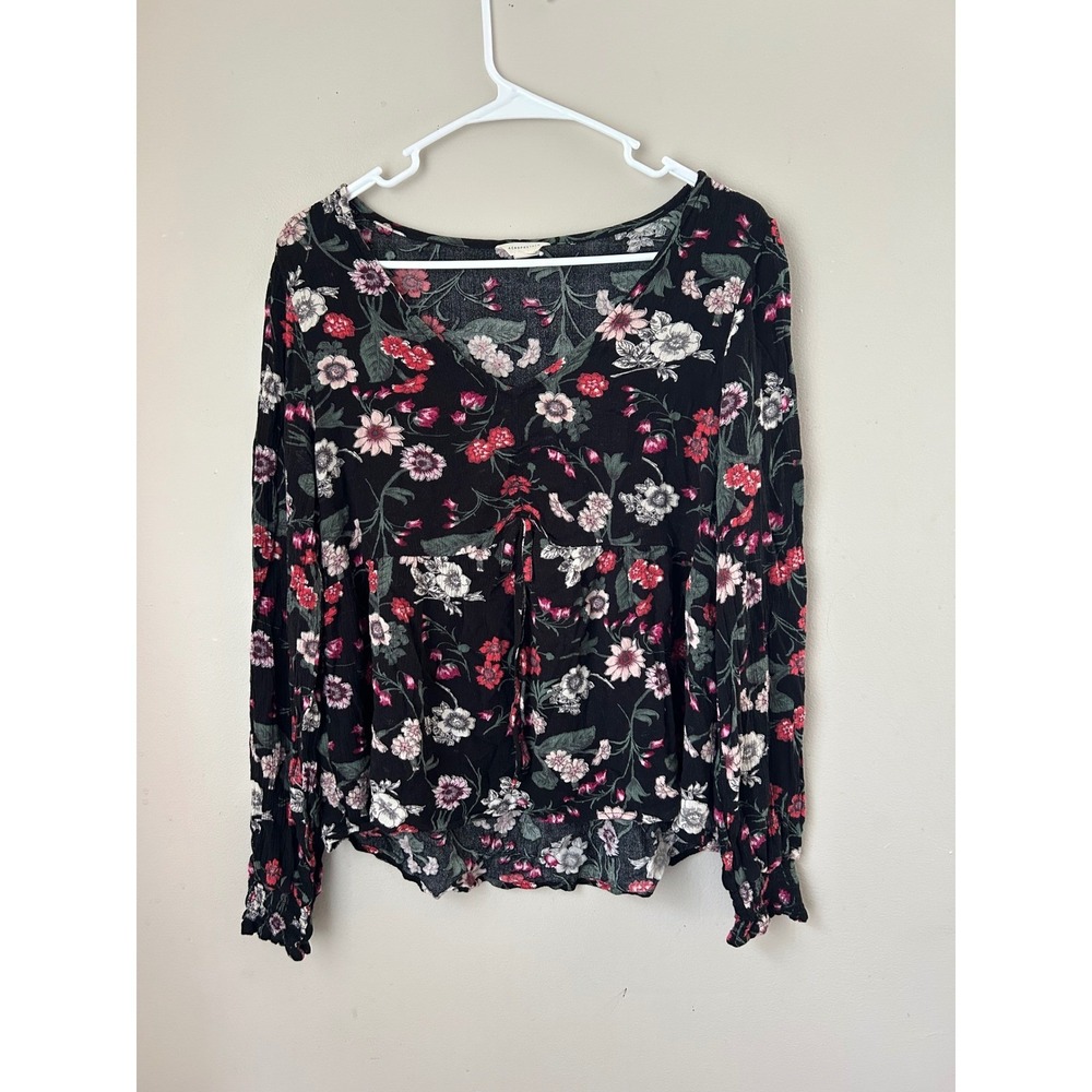 Aeropostale Floral Print Long Sleeve V Neck Top Black Red White Flowers Spring